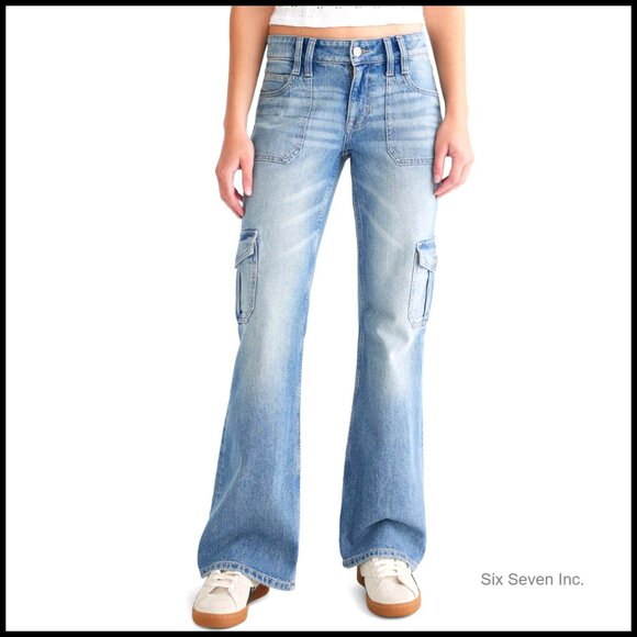 Denim - Flare Mid-Rise Cargo Jeans Y2K Retro Fitted Stretch Denim Cargo Pockets